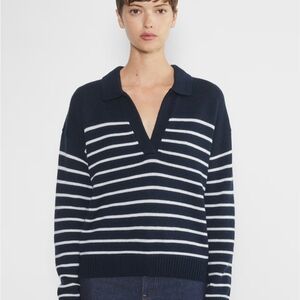 Wilfred Deep Blue & White V-Neck  Wilfred Clara Merino Wool Sweater Size Medium